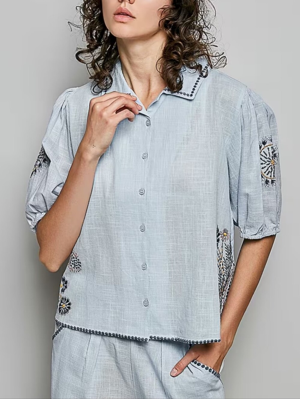 307. POL Light Blue Embroidered Button-Front Women's Top